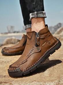 Clohoo品牌獨家手工縫製手工休閒男鞋防滑耐磨減震高筒靴子舒適透氣 - 卡其色 - 查看 4