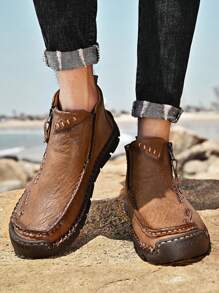 Clohoo品牌獨家手工縫製手工休閒男鞋防滑耐磨減震高筒靴子舒適透氣 - 卡其色 - 查看 3