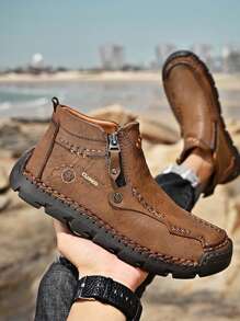 Clohoo品牌獨家手工縫製手工休閒男鞋防滑耐磨減震高筒靴子舒適透氣 - 卡其色 - 查看 2