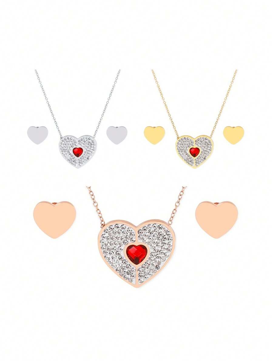 1條心型鑽石吊墜項鍊,附1對心型耳釘,適用於女性日常穿戴,情人節禮物 - 心形 - 查看 1