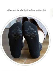 2pairs Women's Stylish Lace Low Cut Socks With Velvet Lining, Black/Skin Color, Winter - Multicolor - View 8