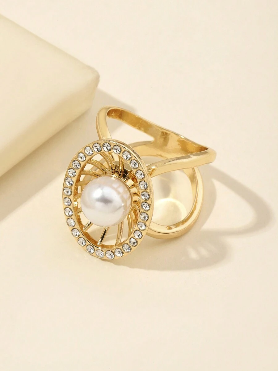 1入組女士鋅合金高級中空橢圓珍珠時尚圍巾扣 - 金色 - 查看 1