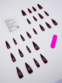 24入組黑色假指甲，簡約設計貼片式假甲，女性日常穿著假甲（長尖狀）美甲用品 - 酒紅色 - 查看 2