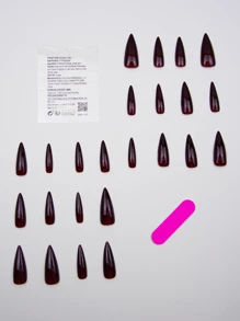 24入組黑色假指甲，簡約設計貼片式假甲，女性日常穿著假甲（長尖狀）美甲用品 - 酒紅色 - 查看 4