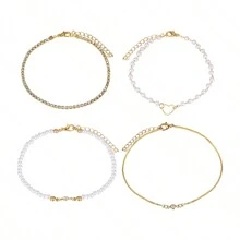 4pcs/Set Women's Cross-Border New Style Creative Retro Pearl & Rhinestone Bracelet Set With Hollow Heart Shaped & Waterdrop Stone Inlay - Yellow Gold - View 7