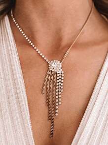 1條銀色長流蘇項鍊,帶鑲嵌鑽石細節,時尚肩鏈 - 銀色 - 查看 1