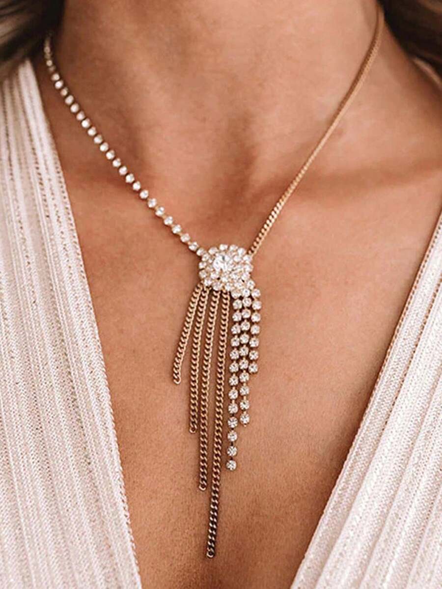1條銀色長流蘇項鍊,帶鑲嵌鑽石細節,時尚肩鏈 - 銀色 - 查看 1