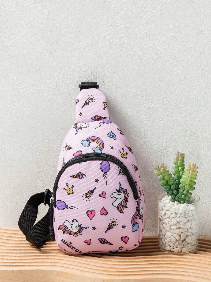 1 件男女通用可愛卡通圖案聚酯斜背包/腰包帶可調節肩帶和拉鍊閉合 - 適合戶外、學校、旅行和存儲 - 粉色 - 查看 1