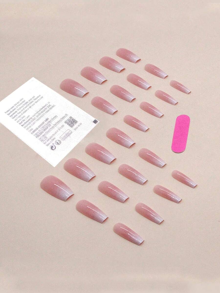 24pcs Short Square French Style Minimalist False Nails With 1pc Nail