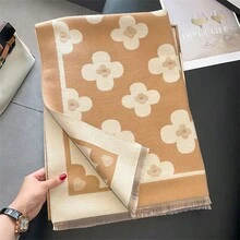 1 件女用圍巾/披肩,休閒雙面雙色花朵圖案設計,韓國溫暖柔軟仿羊絨,超長秋冬 - 杏色 - 查看 4