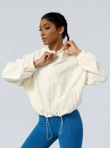 Thickened Autumn/Winter Sports Jacket With Zipper And Drawstring, Sweatshirt - Apricot - View 2