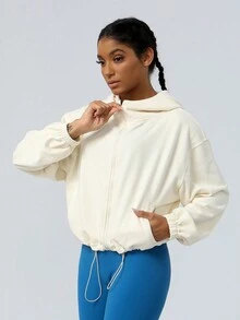 Thickened Autumn/Winter Sports Jacket With Zipper And Drawstring, Sweatshirt - Apricot - View 4