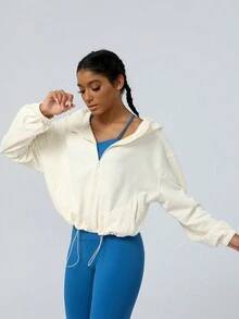 Thickened Autumn/Winter Sports Jacket With Zipper And Drawstring, Sweatshirt - Apricot - View 9