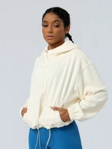 Thickened Autumn/Winter Sports Jacket With Zipper And Drawstring, Sweatshirt - Apricot - View 5