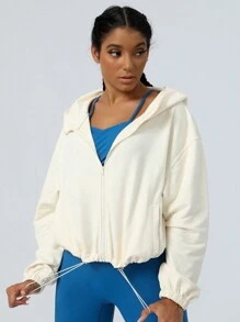 Thickened Autumn/Winter Sports Jacket With Zipper And Drawstring, Sweatshirt - Apricot - View 8