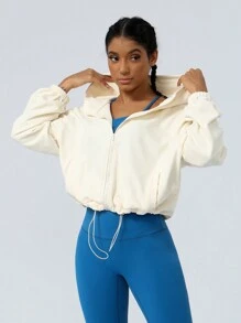 Thickened Autumn/Winter Sports Jacket With Zipper And Drawstring, Sweatshirt - Apricot - View 7