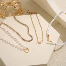4pcs/Set Women's Cross-Border New Style Creative Retro Pearl & Rhinestone Bracelet Set With Hollow Heart Shaped & Waterdrop Stone Inlay - Yellow Gold - View 3