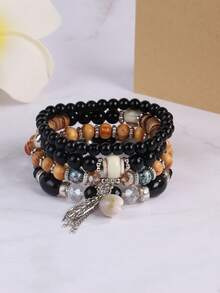 4入組波西米亞風格玻璃珠、貝殼和鋅合金吊墜手鐲套裝,男士沙灘服和日常穿搭 - 黑色 - 查看 1