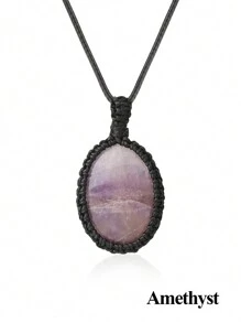 1個橢圓自然石項鍊水晶項鍊,繩套裝自然石英項鍊,適用於女士男士編織靈性飾品 - Necklace - 查看 24