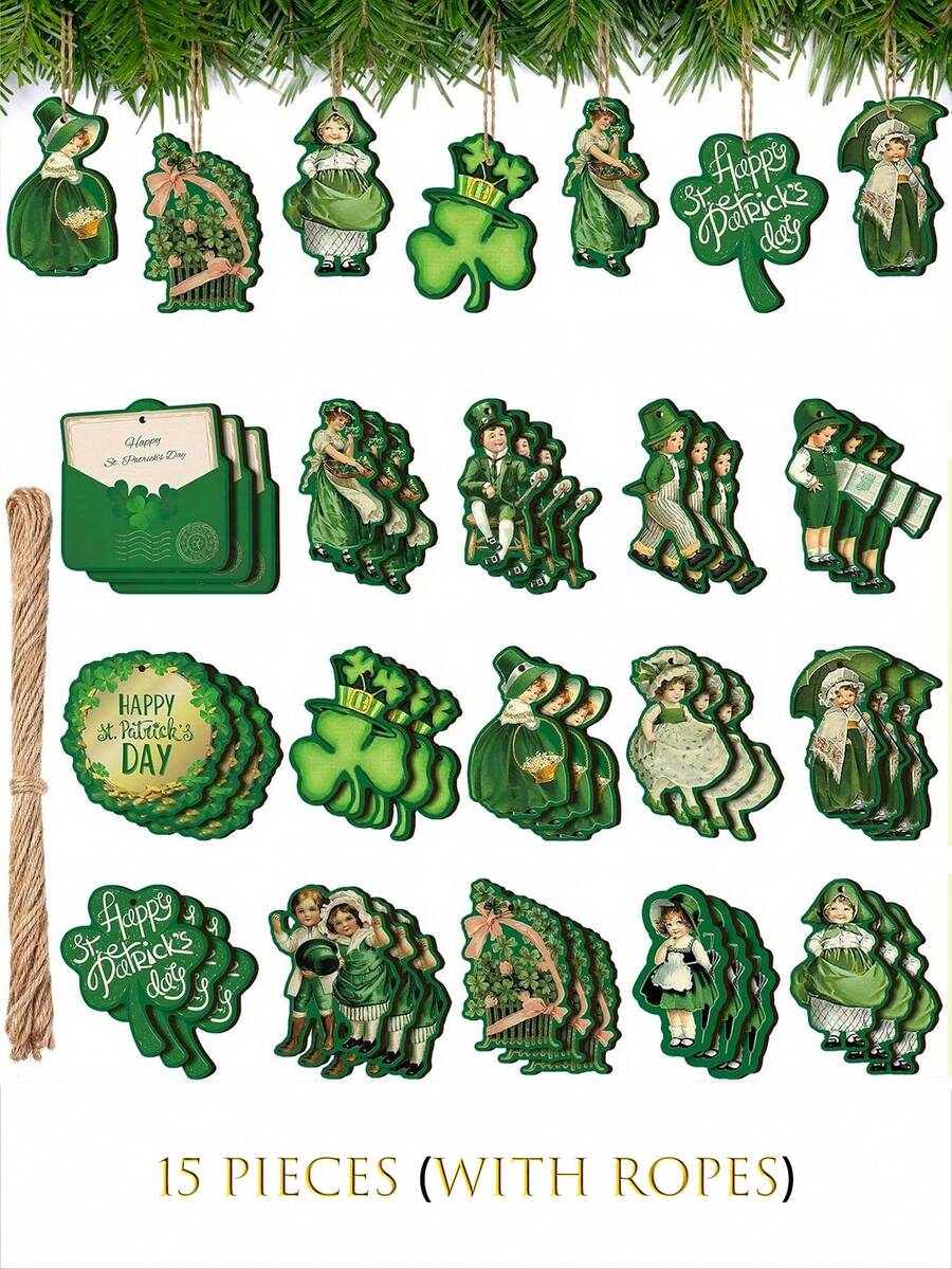 15入組聖派翠克節幸運女孩信封帽、木質吊飾套裝、繩索裝飾,適用於桌子和窗戶、家庭派對裝飾,節日配件和派對用品 - 彩色 - 查看 1
