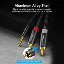 VENTION AUX 3.5mm 转 2RCA 线缆 1m 尼龙编织耳机 3.5mm 插孔立体声转双 RCA 导线音频 Y 型分线器线兼容 DJ 控制器 Hi-Fi 放大器扬声器