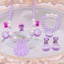 5 件套女孩贝壳和人造珍珠项链、手链、戒指首饰套装，可爱的儿童配饰 - 紫色 - 查看 3