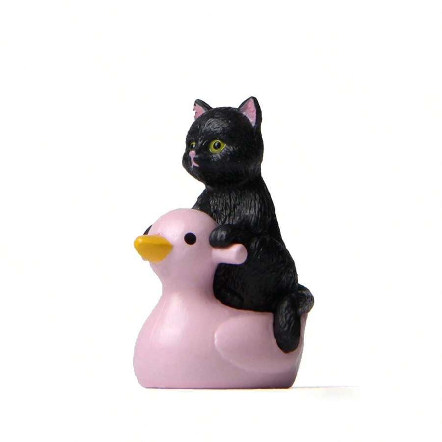 1pc Water Play Series Pink Sitting Cat & Duck Mini Landscape Gardening Decoration Toy - Black - View 1