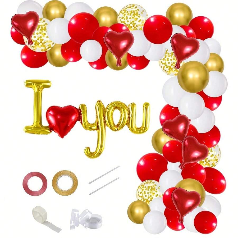 88入組「我愛你」字母主題派對氣球裝飾套裝：10吋塑料鋁箔心形氣球、12吋紅/白/金色氣球、12吋閃亮金氣球、5吋紅/白氣球、紅/金色氣球帶,適用於情人節、生日、婚禮、紀念日、訂婚場景裝飾 - 彩色 - 查看 1