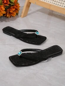 女性時尚拖鞋設有藍色鑽石細節,方型腳趾,灰咖啡色的鬆緊織紋面料,舒適實用,輕巧,適合室內、家居、假期、旅遊、戶外活動和開放式夾趾涼鞋 - 黑色 - 查看 4