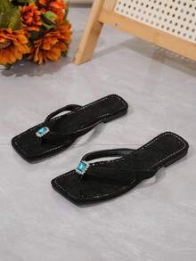 女性時尚拖鞋設有藍色鑽石細節,方型腳趾,灰咖啡色的鬆緊織紋面料,舒適實用,輕巧,適合室內、家居、假期、旅遊、戶外活動和開放式夾趾涼鞋 - 黑色 - 查看 2