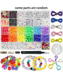 1300+ 件 DIY 儿童工艺品珠子友谊手链套件，配有小马珠子字母珠子和松紧绳、彩色饰物，用于定制项链手链和珠宝装饰 - 彩色 - 查看 1