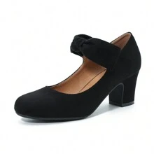 Women'S Bow Mary Jane Block Heel Pumps Closed Round Toe Low Chunky Heels Ankle Strap Wedding Dress Evening Party Shoes - màu đen - Xem 1