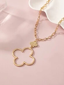 1pc Fashionable Simple Elegant Hollow Out Lucky Clover Pendant Necklace, Cold Tone - Clover - View 7