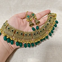 3入裝優雅復古合金鑽石彩珠吊墜波西米亞風格珠寶套裝,適合女性節日婚禮佩戴 - 綠色 - 查看 4