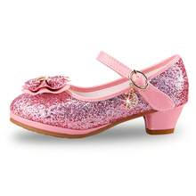 Girls Princess Shoes Sequins Sweet Bows High Heels Wedding Party Dress Shoes Dance Bright Diamond Cosplay Christmas Festival Shoes Pink Blue Purple Gold Silver - 粉色 - 查看 2