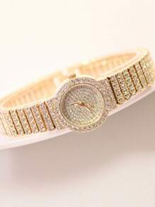 Set de 3 relojes de mujer de acero con función múltiple, decorados completamente con rhinestones, emparejados con pulsera de joyería con rhinestones, adecuados para galas de noche, festivales, fiestas, bodas y uso diario, también ideales para volver a la escuela, graduación, Acción de Gracias y otras ocasiones, mejor regalo para mujeres - Dorado - Ver 5