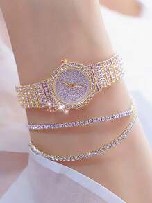 Set de 3 relojes de mujer de acero con función múltiple, decorados completamente con rhinestones, emparejados con pulsera de joyería con rhinestones, adecuados para galas de noche, festivales, fiestas, bodas y uso diario, también ideales para volver a la escuela, graduación, Acción de Gracias y otras ocasiones, mejor regalo para mujeres - Dorado - Ver 2