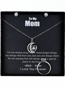 4 件銀色時尚奢華鍍銅 18k 鑲嵌和水鑽翼形心月項鍊、戒指、耳環套裝帶賀卡和禮品盒適合情人節、情侶、女朋友、最好的朋友,適合所有場合 - 銀色 - 查看 18