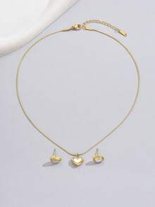 經典鈦鋼項鍊和耳釘套裝,白色人工珍珠心形吊墜,18k鍍金,是女性節日禮物的理想選擇 - 金色 - 查看 4