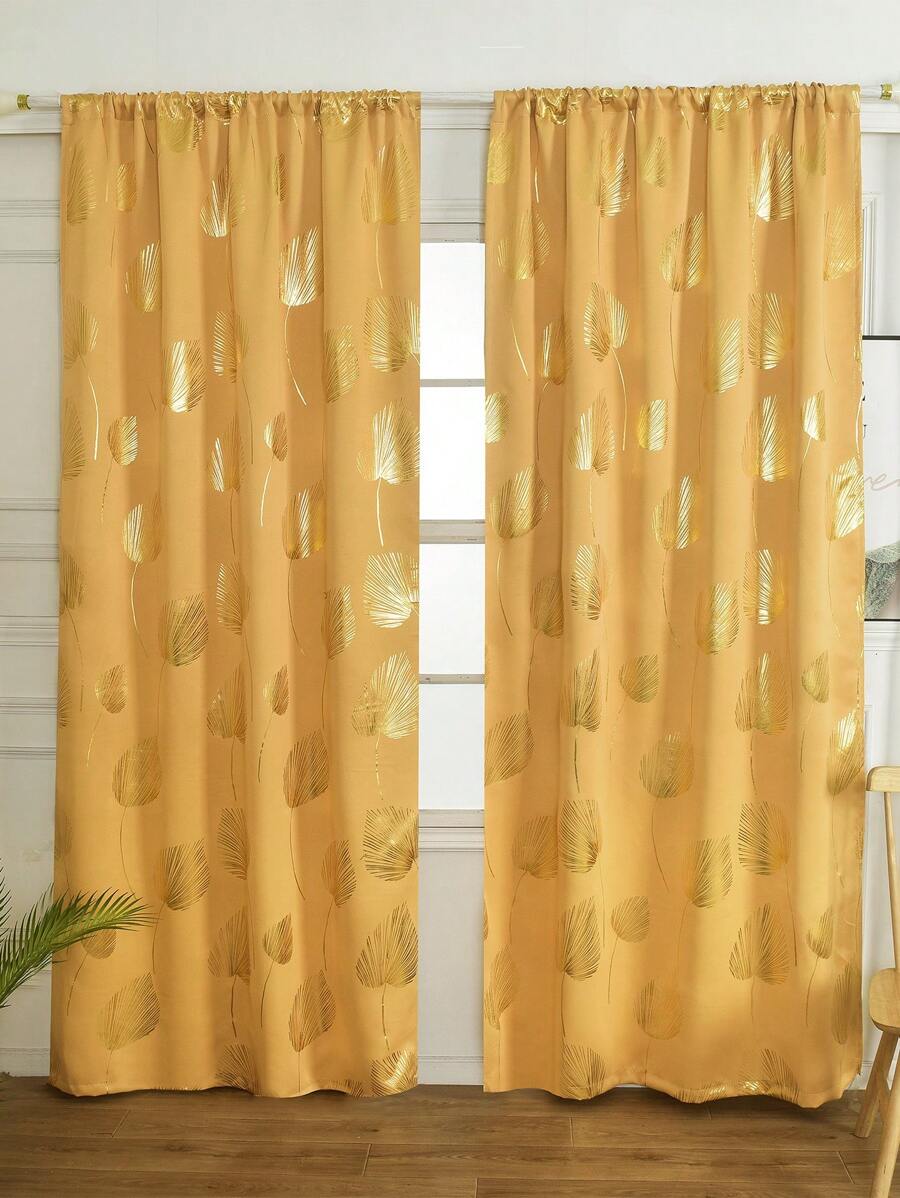 1片豪華保暖隔熱遮光窗簾,帶有金箔印刷 - 黃色 - 查看 1