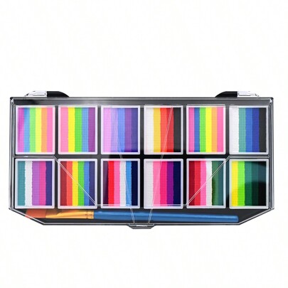 1 Paleta De Pintura Grande Con 12 Compartimentos A Base De Agua (colores Fluorescentes/mate/nacarados) Para Pintura Artística De Cuerpo/cara En Festivales/espectáculos En El Escenario/cosplays/carnavales, Utilizando Fórmula Segura Y A Base De Agua Con Baja Sensibilidad Y Excelente Efecto De Maquillaje, Adecuada Para Maquilladores Y Principiantes, Perfecta Para Fiestas De Halloween/navidad/mascaradas