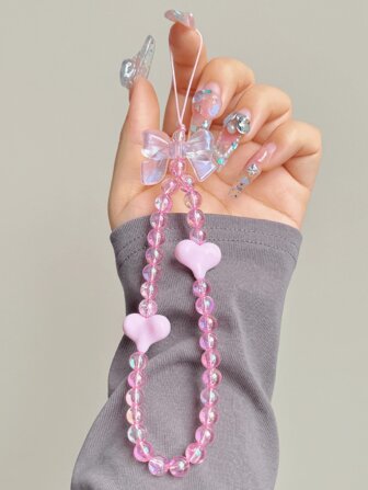 1pc Pink Iridescent Bowknot Bracelet Heart Cord Bracelet With Long String For Decoration, Bohemian Style Gradient Smile Face Flower Decoration, Minimalist Unique Purple Pink Gradient Jewelry, Cellphone Case Chain & String Accessories Gifts For Mother, Family, Friends, Birthday, Holiday Phone Charm, Phone Chain