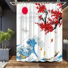 One Piece Of Japanese Ukiyo-E Shower Curtain, Kanagawa, Mt. Fuji, Great Wave, Cherry Blossom, Water Ink, Red Plum Blossom, Landscape, Sea Wave, Living Room Background Wall Flowers, Butterflies, Japanese-Style Modern Fashion Home Bathroom Shower Curtain, Shower Screen, Window Curtain, Bathtub Partition Curtain With Hooks, Home Bathroom Decorative Shower Curtain. - Black and White - View 4
