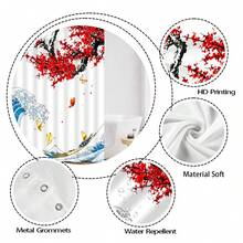 One Piece Of Japanese Ukiyo-E Shower Curtain, Kanagawa, Mt. Fuji, Great Wave, Cherry Blossom, Water Ink, Red Plum Blossom, Landscape, Sea Wave, Living Room Background Wall Flowers, Butterflies, Japanese-Style Modern Fashion Home Bathroom Shower Curtain, Shower Screen, Window Curtain, Bathtub Partition Curtain With Hooks, Home Bathroom Decorative Shower Curtain. - Black and White - View 6