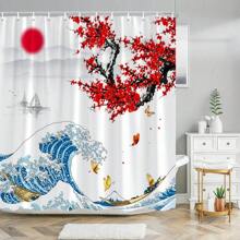 One Piece Of Japanese Ukiyo-E Shower Curtain, Kanagawa, Mt. Fuji, Great Wave, Cherry Blossom, Water Ink, Red Plum Blossom, Landscape, Sea Wave, Living Room Background Wall Flowers, Butterflies, Japanese-Style Modern Fashion Home Bathroom Shower Curtain, Shower Screen, Window Curtain, Bathtub Partition Curtain With Hooks, Home Bathroom Decorative Shower Curtain. - Black and White - View 1