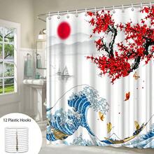 One Piece Of Japanese Ukiyo-E Shower Curtain, Kanagawa, Mt. Fuji, Great Wave, Cherry Blossom, Water Ink, Red Plum Blossom, Landscape, Sea Wave, Living Room Background Wall Flowers, Butterflies, Japanese-Style Modern Fashion Home Bathroom Shower Curtain, Shower Screen, Window Curtain, Bathtub Partition Curtain With Hooks, Home Bathroom Decorative Shower Curtain. - Black and White - View 5