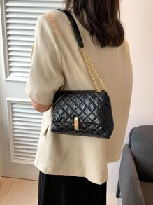 刺繡格紋時尚鏈單肩包女大學生優雅大氣購物度假 - 黑色 - 查看 7