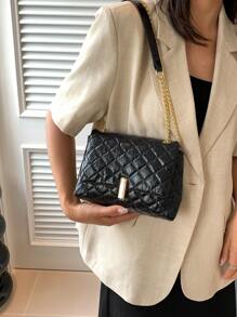 刺繡格紋時尚鏈單肩包女大學生優雅大氣購物度假 - 黑色 - 查看 1