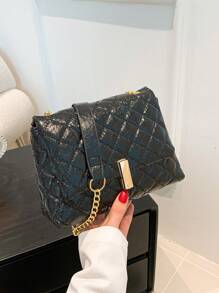 刺繡格紋時尚鏈單肩包女大學生優雅大氣購物度假 - 黑色 - 查看 9