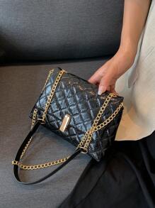 刺繡格紋時尚鏈單肩包女大學生優雅大氣購物度假 - 黑色 - 查看 8